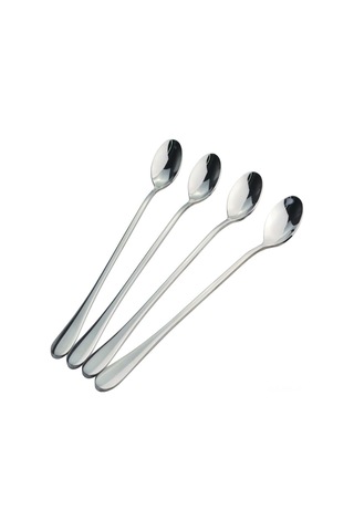 Moveevo 4 Adet Paslanmaz Çelik Uzun Saplı Kaşık Seti - Kahve, İçecek, Dondurma Karıştırıcı - Bar Ve Ev Kullanıma Uygun Gümüş