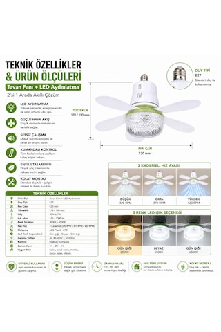 Tavan Fanı + Led Aydınlatma E27 Duy 3 Kademeli Kumandalı Sessiz Mini Tavan Vantilatörü 520mm