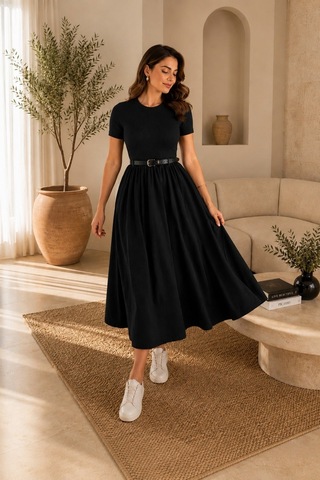 Unika Boutique Kadın Kemerli Poplin Midi Elbise Siyah
