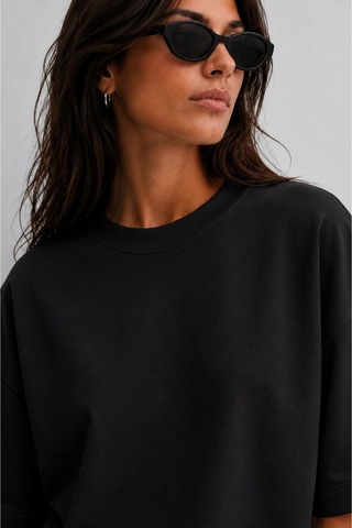 Modivibe Kadın Oversize T-shirt Kalın Dokulu %100 Pamuk Geniş Kesim Siyah