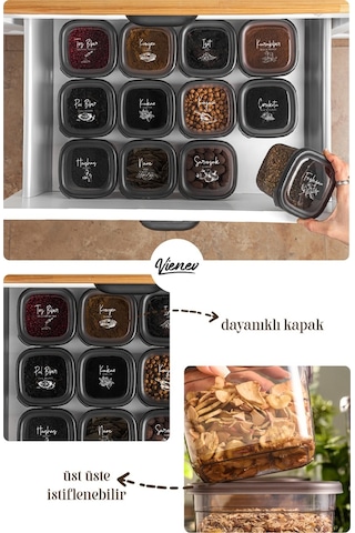 Vienev 18li Süper Set Baharat Saklama Kabı Seti Avantajlı Paket 6x 0,40, 0,45, 0,55 L Etiketli Şeffaf