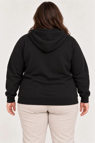 Moda Kadın Battal Büyük Beden Üç İplik İçi Şardonlu Kapüşonlu Tam Fermuarlı Kışlık Sweatshirt - Siyah Çok Renkli