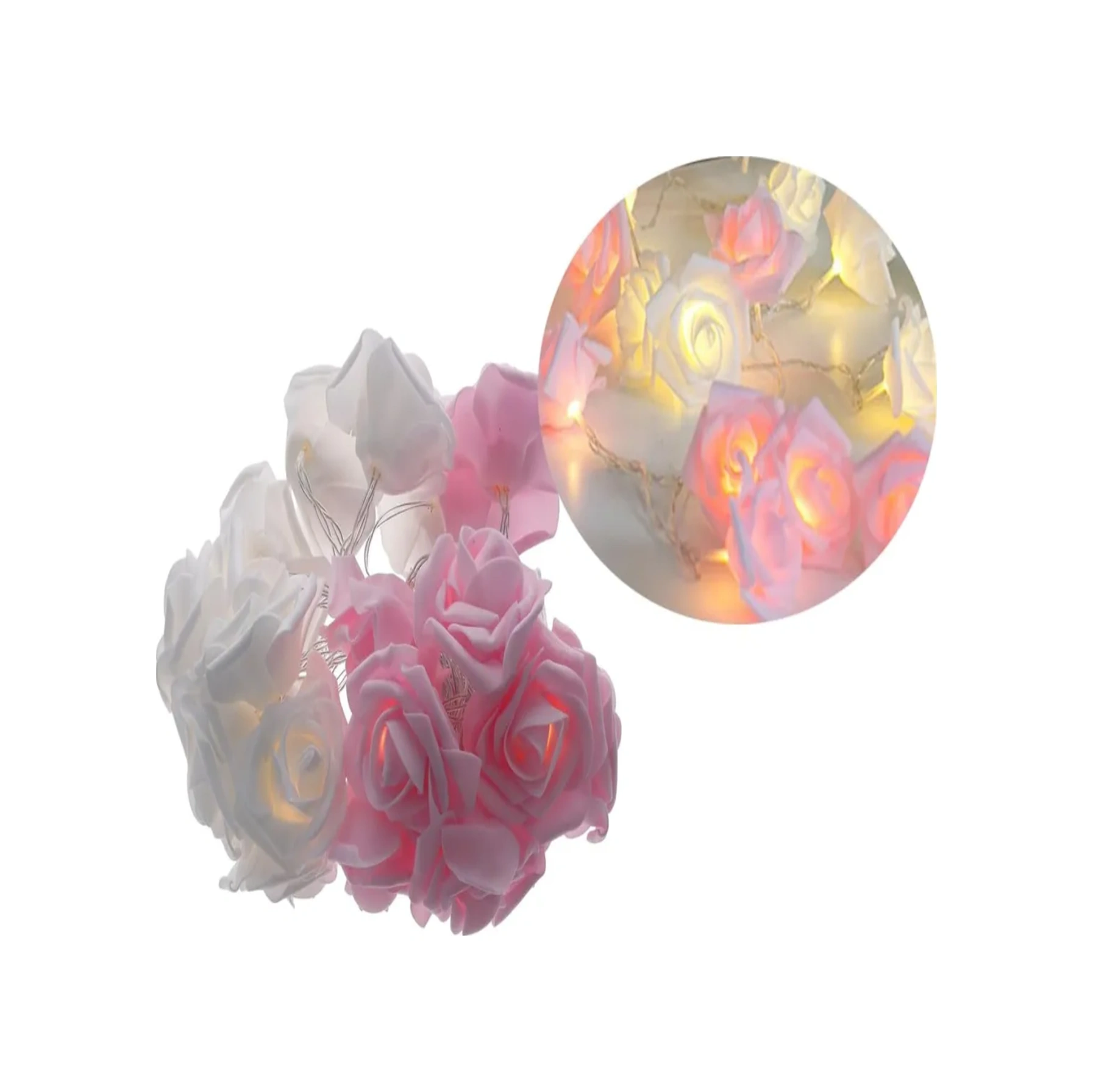 Yuntech01 3m 20 Led Gül Dekoratif Işık Zinciri - Plastik, Pembe+beyaz - Nikah, Sevgililer Günü, Partiler İçin Zevkli Aydınlatma Pembe Beyaz