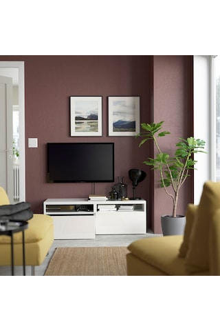 Tv Sehpası, Parlak Cila-beyaz, 120x42x39 Cm, Selsvıken, Çıt Çıt Raylı Beyaz