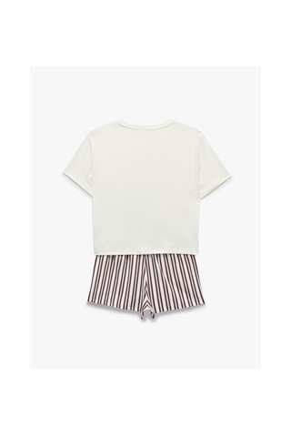 Koton Rahat Kalıp Kısa Kollu Bisiklet Yaka Baskılı Şortlu Pijama Takımı Ekru 7wlk40264mk
