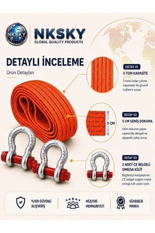 Tr 5 Ton Araç Çekme Halatı 3 Metre 5 Cm Genişlik Ce Belgeli Omega Kilit Oto Çeki Halatı Turuncu