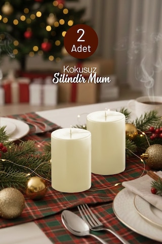 Grimorlife 2 Adet Silindir Dekoratif Yılbaşı Yeni Yıl Kokusuz Krem Mum- Hediyelik Blok Mum Diğer