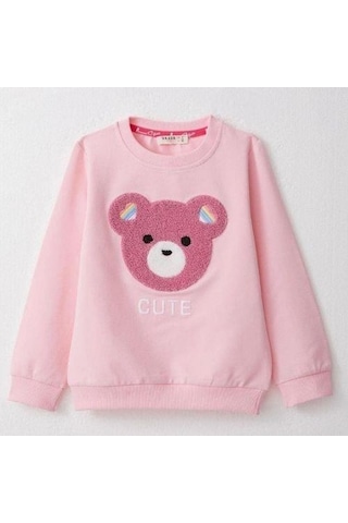 Kız Çocuk Ayıcık Nakışlı Pamuklu Eşofman Takım-14585 Pembe