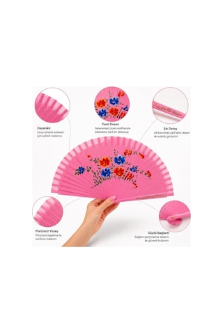 Pembe Zeminli Katlanabilir El Yelpazesi Mavi Kırmızı Çiçek Desenli Ahşap Saplı Dekoratif El Yelpazesi 40x22 Cm Geleneksel Tasarım