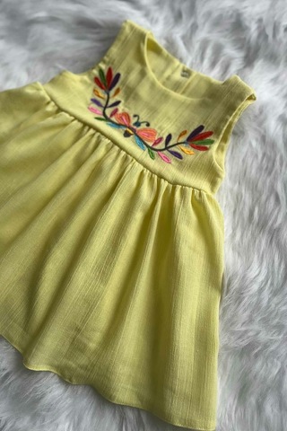 Nakışlı Şile Bezi Sarı Kız Çocuk Bebek Yazlık Pamuk Elbise 001