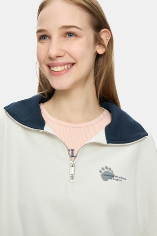 Ucla Yoko Kemik Rengi Fermuarlı Baskılı Oversize Fit Kadın Sweatshirt Kemik Rengi