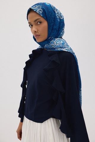 Mirsoy Scarf Elisa Pamuk Etnik Desen Şal Lacivert