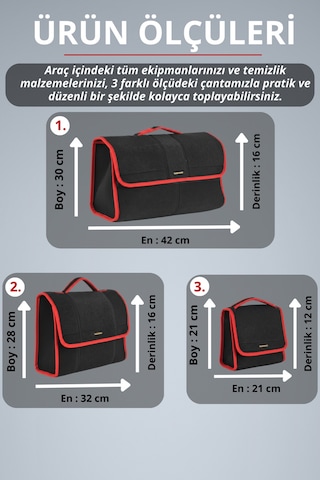 3'lü Cırtlı Keçe Kumaş Oto Bagaj Çantası Geniş Hacimli,dayanıklı,araç İçi Düzenleyici Kırmızı Kenar