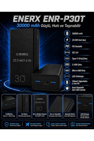 Enerx Enr-p30t 30.000 Mah 22.5 Watt Led Göstergeli Powerbank Siyah Enerx Enr-p30t 30.000 Mah 22.5 Watt Led Göstergeli Powerbank Siyah