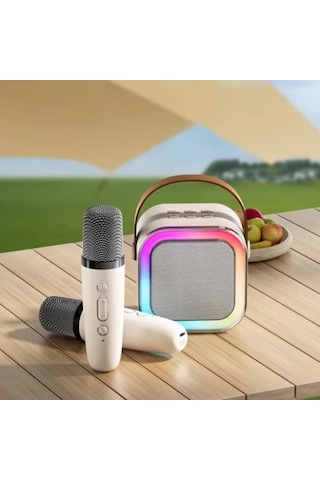 Uiowoo K12 Kablosuz Bluetooth Hoparlör Bej Karaoke 2 Mikrofon Li Ses Efektli Rgb Hd Stereo Ses Usb/sd