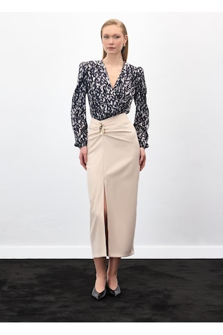 Sateen Gold Yan Aksesuarlı Etek - Bej-136885 Bej