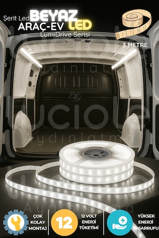 Lumidrive 3m Beyaz 12v Araç Led Şerit 180 Çipli, Montaj Hazır, Kesilebilir, Kablo Uçlu