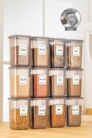 Meleni Home 12'li Etiketli Büyük Boy Baharatlık Seti - Kapaklı Kare Baharat Takımı Saklama Kabı 12x1100 Ml