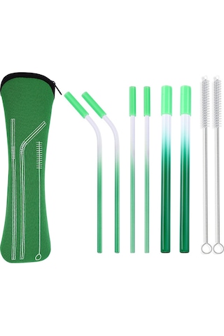 8'li Set Paslanmaz Çelik Metal Pipet, Renkli Ve Yeniden Kullanılabilir Yeşil