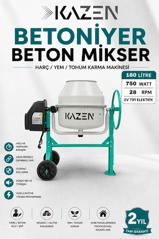Kazen 180 Litre - Orta Boy Betoniyer Beton Mikser Beton Harç Yem Tohum Karma Makinesi - 3. Nesil