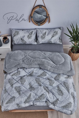 Marla Home Palm Gri Desenli Çift Kişilik Çift Taraflı Wellsoft Yorgan Seti - Gri - 195x215