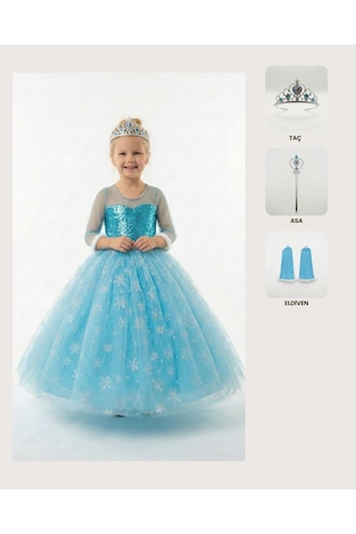 Butikhappykids Frozen Elsa Kostümü Uzun Kollu Kız Çocuk Prenses Elbisesi Taç+asa+eldiven Hediyeli Mavi