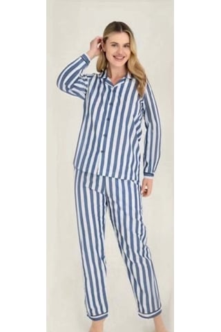 Kocabey 4007 Kadın Uzun Kol Çizgili Gaffuriye Pijama Takımı Mavi