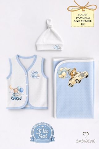 Babyden's Erkek Bebek 3 Lü Set Yenidoğan Bebek Seti, Jakarlı Battaniye, Şapka, Yelek 6-9 AY