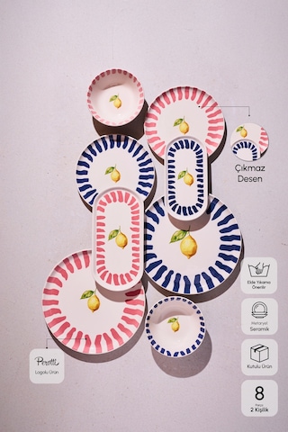 Limone 8 Parça 2 Kişilik Yemek Takımı Cokrenklı Desenli