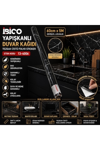 5mt X 60cm Siyah Mermer Desenli Tezgah Üstü Folyo Sticker - Duvar Kağıt Kendinden Yapışkanlı - Eko Dekorasyon - Dayanıklı