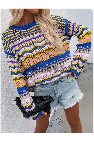 Kadın Gökkuşağı Bisiklet Yaka Çizgili Örgü Kazak Kazak Uzun Kollu Günlük Gevşek Büyük Boy Üstler Mavi