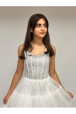 Kız Çocuk Abiye Krem Önü Kısa Kuyruklu Payet İşlemeli Biyeli Transparan Kaplama Abiye Elbise 10-15 Yaş Krem