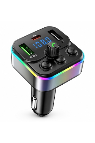Bluetooth Araç Kiti Fm Transmitter Usb Type-c Pd Rgb Led Işıklı Flash Bellek Mp3 Çakmaklık Girişli