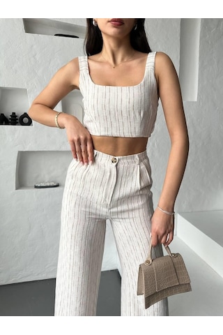 Eke Tekstil Camel Çizgili Crop Pantolon Keten Takım-camel Camel