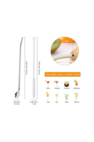 6'lı Paslanmaz Krom Pipetli Latte Kaşığı Kokteyl Kaşığı Ve Temizleme Fırçası, 22 Cm Yuvarlak Model Inox
