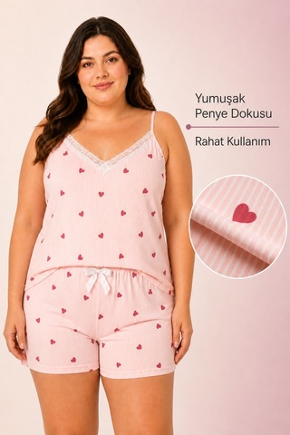 Bravie Kadın Büyük Beden İp Askılı Yakası Dantelli İnce Çizgili Kalp Desenli Yazlık Pijama Takımı Turuncu