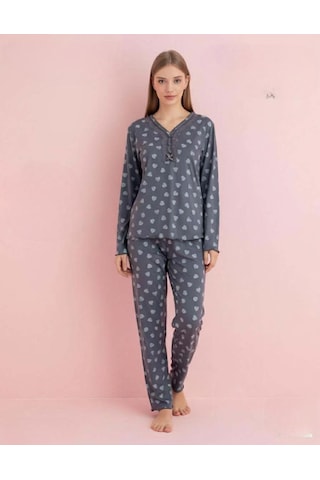 Pijamerry Kadın Bambu Baharlık Dantel Yaka Uzun Kol İnce Pijama Takımı 5204f - 1 Adet Füme