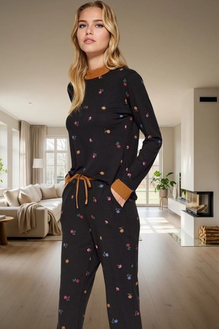 Ersefa Rahat Kesim %100 Pamuk Çiçek Desenli Pijama Takımı Modern Stil Gü Siyah