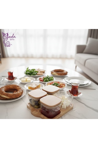 Bambu Kapaklı 4 Lü Cam Saklama Kabı Seti Kare Kahvaltılık Kavanoz Seti Cam Baharatlık Açık Kahverengi