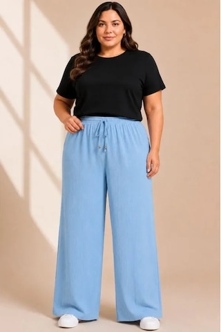 DefyModa Battal Beden Bürümcük Kumaş Beli Lastikli Bağcıklı Bol Paça Palazzo Pantolon - Bebek Mavisi
