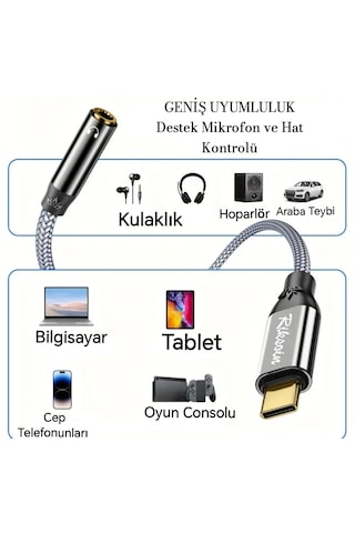 Riksoin Type-c To 3.5mm Jack Aux Dac Çip+hi-fi Ses + Ce Lisanslı