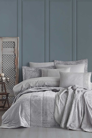 Elart Çeyiz Paketi 10 Parça Yatak Örtüsü+nevresim Takımı+battaniye Nüans Gümüş