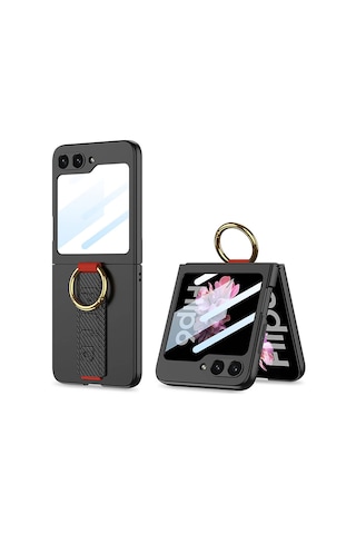 Zore Samsung Galaxy Uyumlu Z Flip 6 Kılıf Kamera Korumalı Yüzüklü Karbon Tasarımlı Nvth Flip Ring Kıpta Kapak-siyah