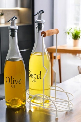 Digithome Pure 2'li Krem Metal Standlı Ahşap Saplı Yağdanlık Seti Şeffaf Etiketli Cam Yağlık 750 Ml Cys-16 Krem