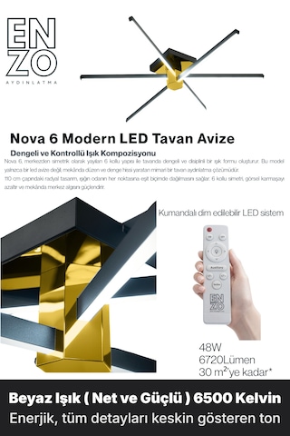 Nova 6 Gold Led Tavan Avize Kumandalı Dim Edilebilir Aşağı Işık Beyaz Işık - Nova 6
