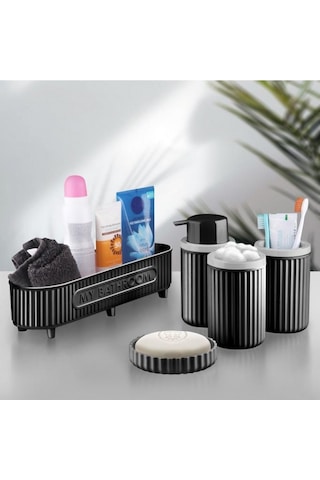 Flora 5 Parça Banyo Seti Çok Amaçlı Sepet, Sıvı Sabunluk, Katı Sabunluk, Diş Fırçalık, Pamukluk Siyah