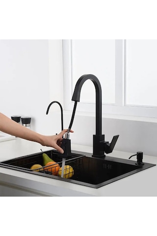 Boheme Siyah Spiralli Mutfak Bataryası Spiralli Evye Musluk Uzayan Batarya Tazzik Ve Basınç Ayarlı Musluk Siyah
