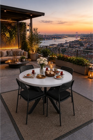 Beyaz 4 Kişilik Minderli Balkon Takımı, Balkon Masası, Balkon Sandalyesi, Yuvarlak Masa, Yemek Masası, Mutfak Masa Sandalye Takımı, 4 Sandalye 1 Masa Beyaz/siyah-siyah