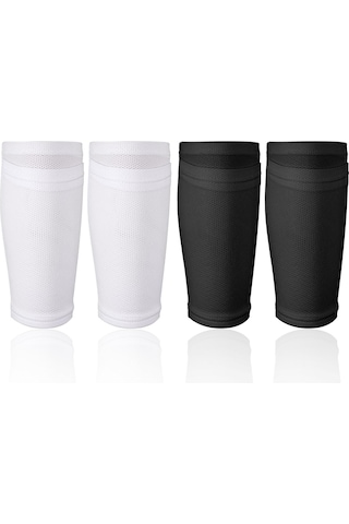 Tenfowee Futbol İçin Çift Paket: Beyaz + Siyah Bacaklı Çoraplar, Tibia Koruyucu, Panel Sabitleme Özelliği Siyah - Beyaz