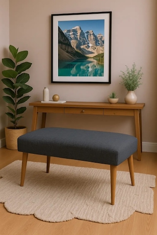 Waterybrook Bench Bank - Keten Kumaş - Ceviz Ahşap Ayaklı - 90x45 Cm - Modern Retro Tasarım - Oturma Pufu Gri